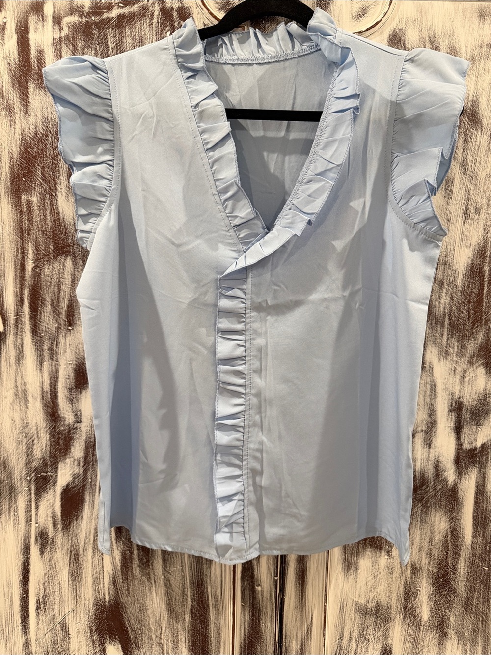SHEIN Light Blue Ruffle Trim V-Neck Blouse